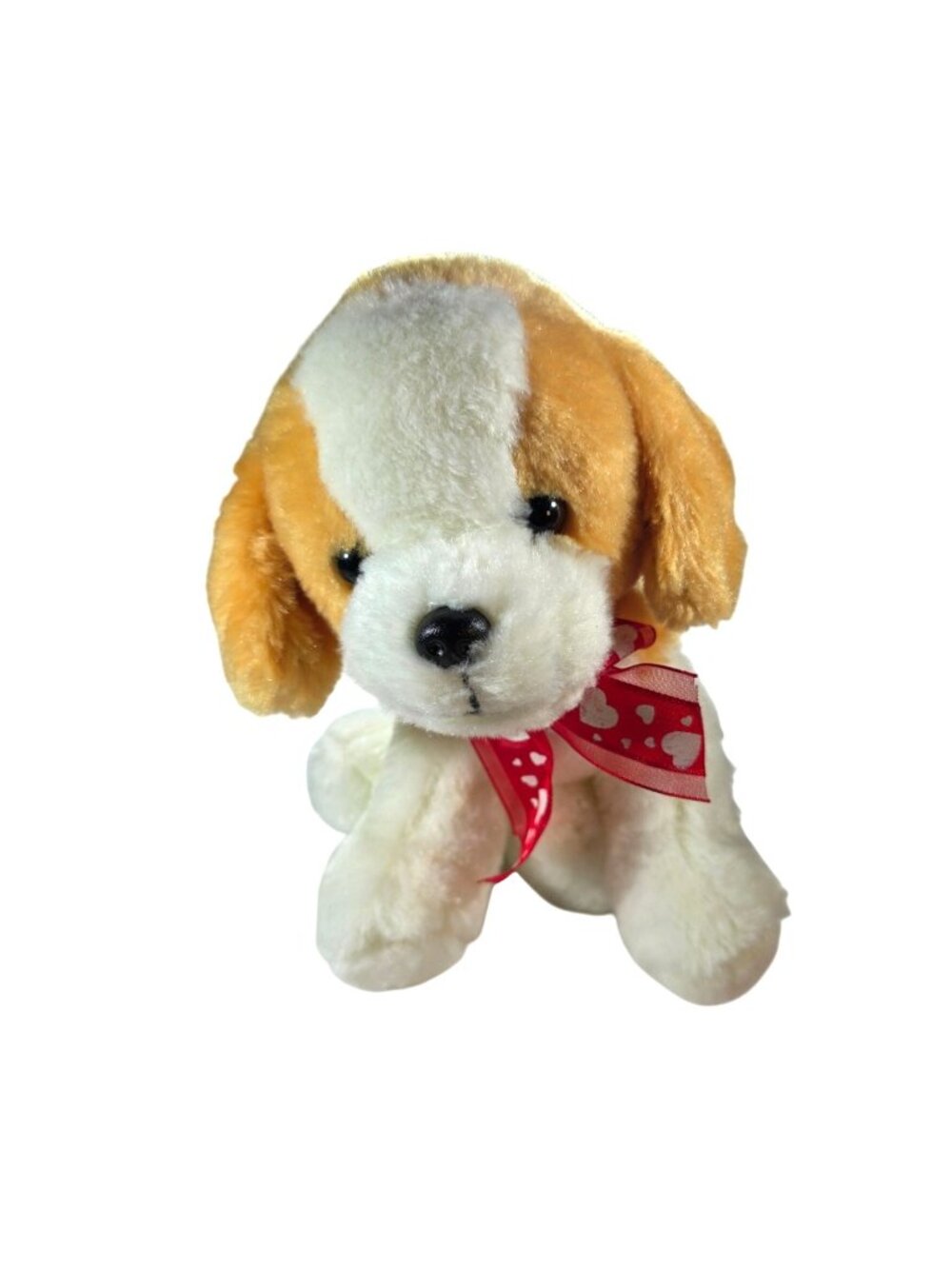 Back2Fun Plush Puppy Dog Stuffed Animal Toy Red Heart Ribbon Tan White